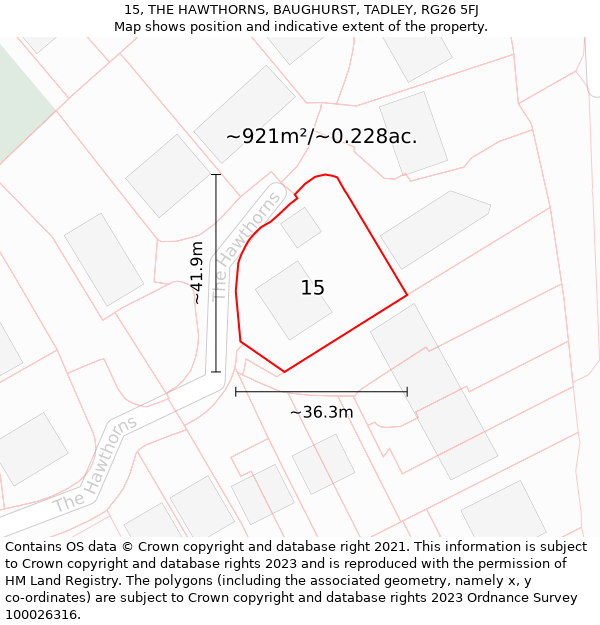 15, THE HAWTHORNS, BAUGHURST, TADLEY, RG26 5FJ: Plot and title map