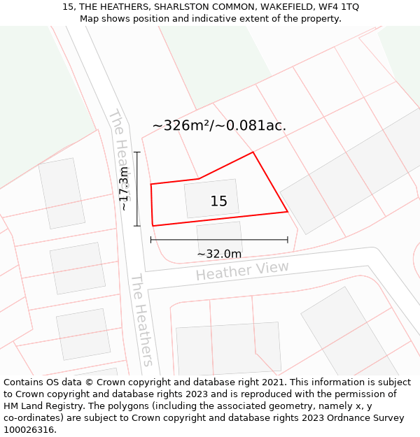 15, THE HEATHERS, SHARLSTON COMMON, WAKEFIELD, WF4 1TQ: Plot and title map
