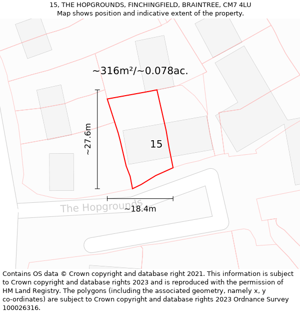 15, THE HOPGROUNDS, FINCHINGFIELD, BRAINTREE, CM7 4LU: Plot and title map