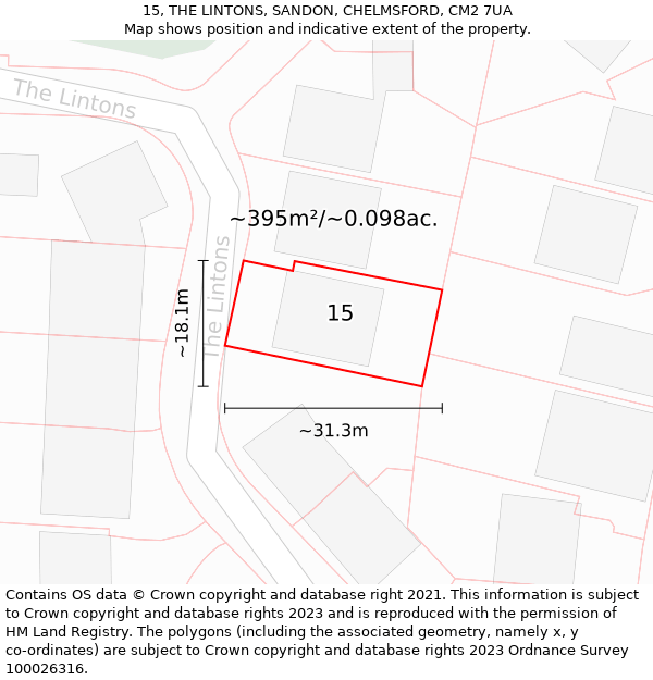 15, THE LINTONS, SANDON, CHELMSFORD, CM2 7UA: Plot and title map