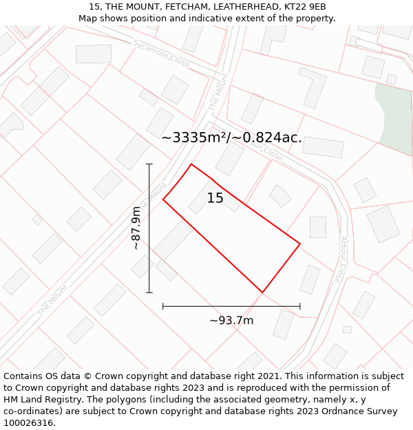 15, THE MOUNT, FETCHAM, LEATHERHEAD, KT22 9EB: Plot and title map
