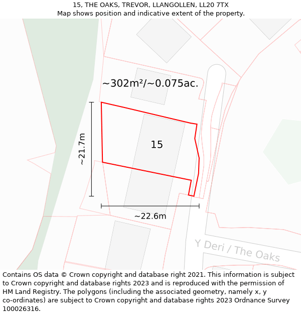 15, THE OAKS, TREVOR, LLANGOLLEN, LL20 7TX: Plot and title map