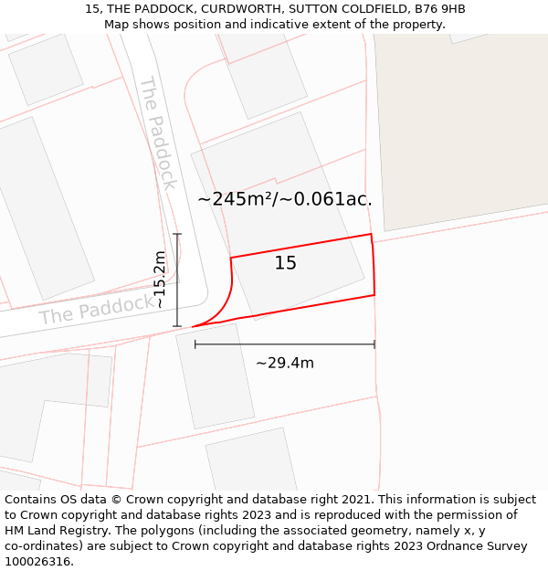 15, THE PADDOCK, CURDWORTH, SUTTON COLDFIELD, B76 9HB: Plot and title map