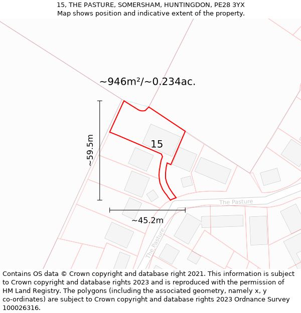 15, THE PASTURE, SOMERSHAM, HUNTINGDON, PE28 3YX: Plot and title map