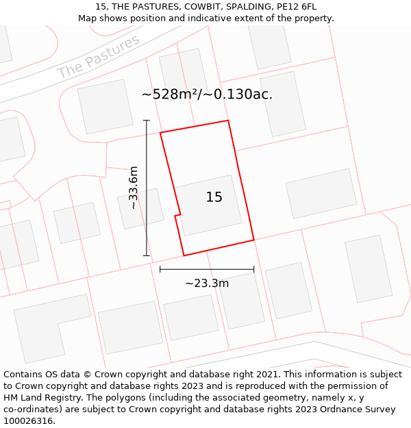 15, THE PASTURES, COWBIT, SPALDING, PE12 6FL: Plot and title map