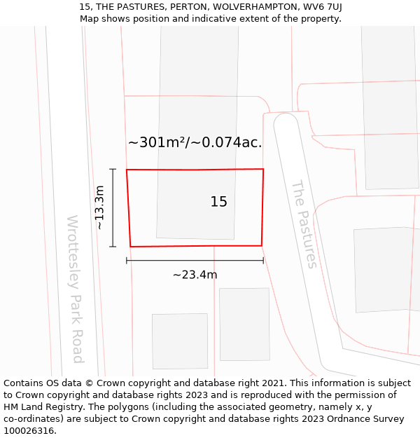 15, THE PASTURES, PERTON, WOLVERHAMPTON, WV6 7UJ: Plot and title map