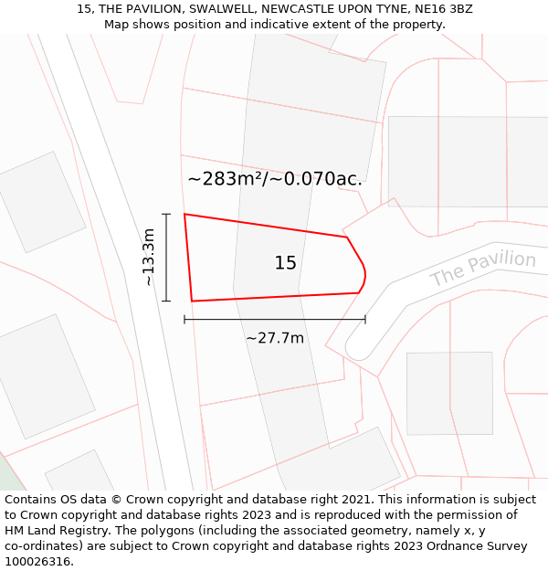 15, THE PAVILION, SWALWELL, NEWCASTLE UPON TYNE, NE16 3BZ: Plot and title map