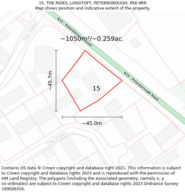 15, THE RIDES, LANGTOFT, PETERBOROUGH, PE6 9RR: Plot and title map