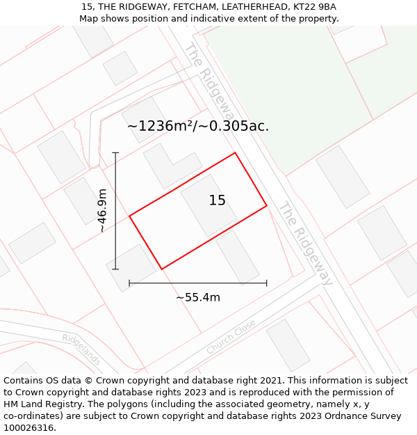 15, THE RIDGEWAY, FETCHAM, LEATHERHEAD, KT22 9BA: Plot and title map
