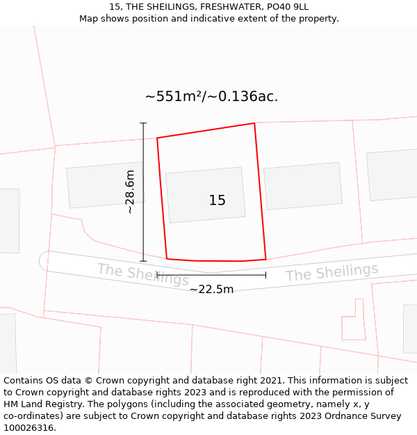 15, THE SHEILINGS, FRESHWATER, PO40 9LL: Plot and title map