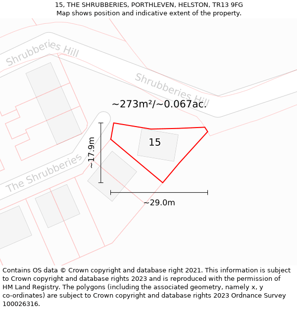 15, THE SHRUBBERIES, PORTHLEVEN, HELSTON, TR13 9FG: Plot and title map