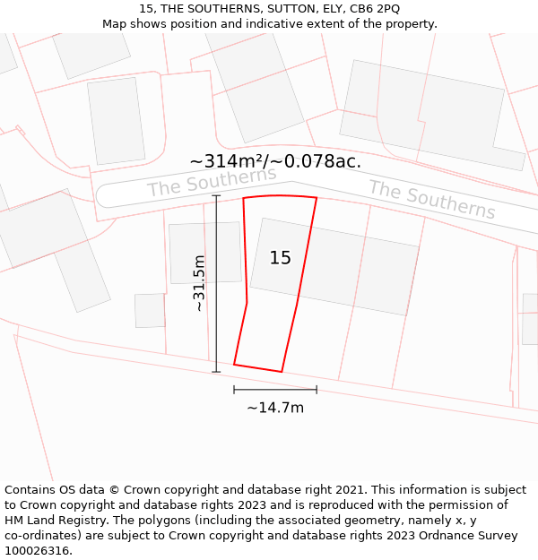 15, THE SOUTHERNS, SUTTON, ELY, CB6 2PQ: Plot and title map