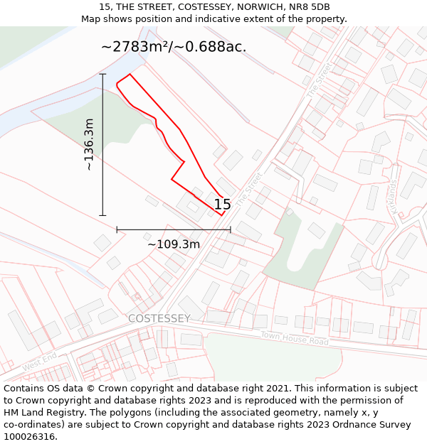 15, THE STREET, COSTESSEY, NORWICH, NR8 5DB: Plot and title map