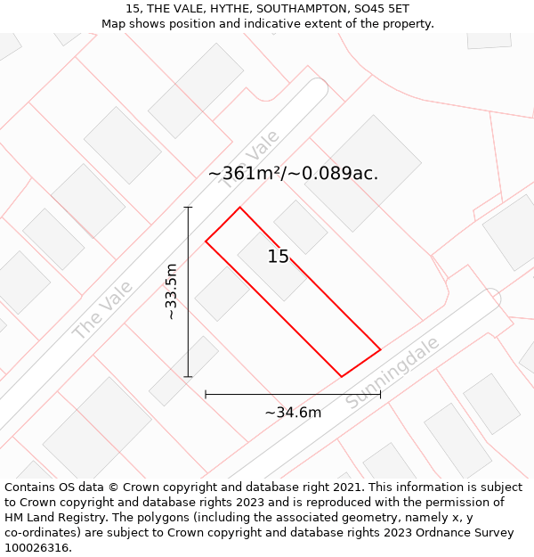 15, THE VALE, HYTHE, SOUTHAMPTON, SO45 5ET: Plot and title map