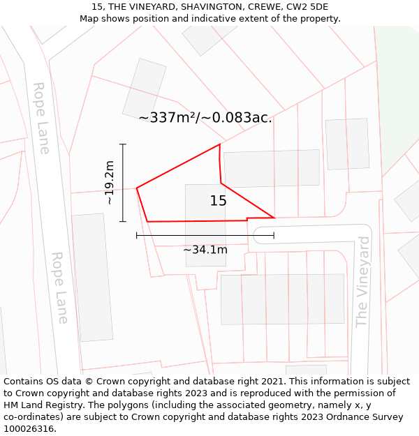 15, THE VINEYARD, SHAVINGTON, CREWE, CW2 5DE: Plot and title map