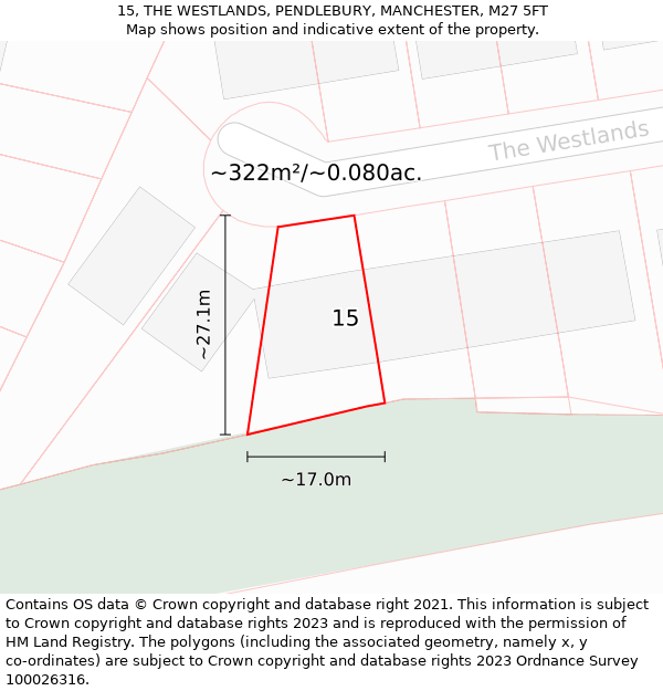 15, THE WESTLANDS, PENDLEBURY, MANCHESTER, M27 5FT: Plot and title map