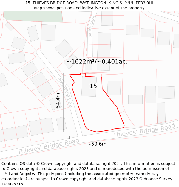 15, THIEVES BRIDGE ROAD, WATLINGTON, KING'S LYNN, PE33 0HL: Plot and title map