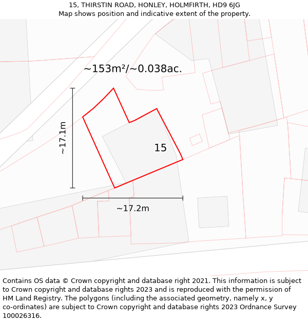 15, THIRSTIN ROAD, HONLEY, HOLMFIRTH, HD9 6JG: Plot and title map