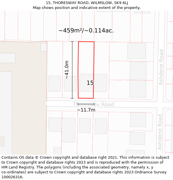 15, THORESWAY ROAD, WILMSLOW, SK9 6LJ: Plot and title map