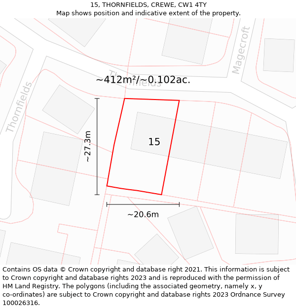 15, THORNFIELDS, CREWE, CW1 4TY: Plot and title map