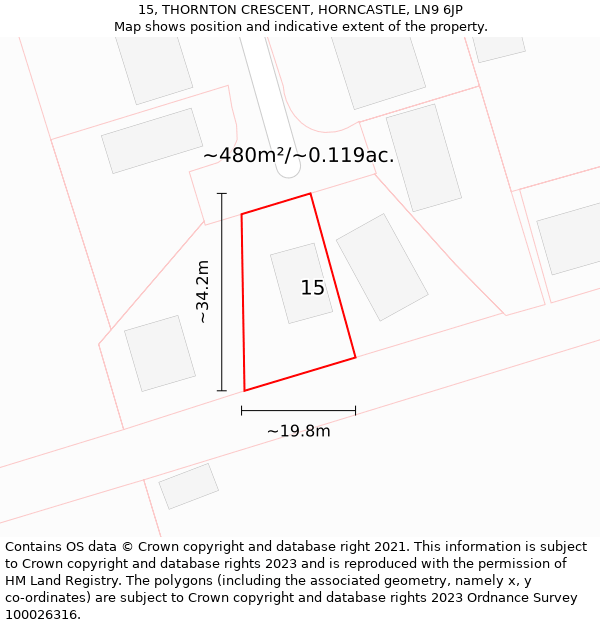 15, THORNTON CRESCENT, HORNCASTLE, LN9 6JP: Plot and title map