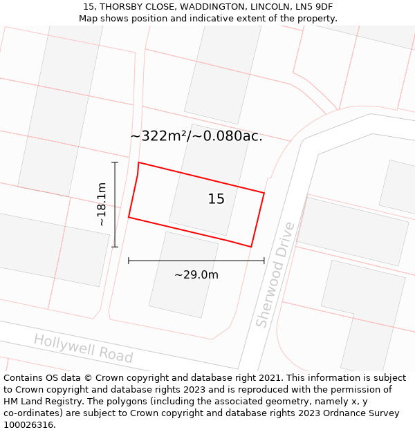 15, THORSBY CLOSE, WADDINGTON, LINCOLN, LN5 9DF: Plot and title map