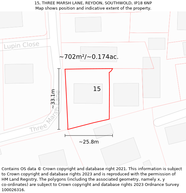 15, THREE MARSH LANE, REYDON, SOUTHWOLD, IP18 6NP: Plot and title map