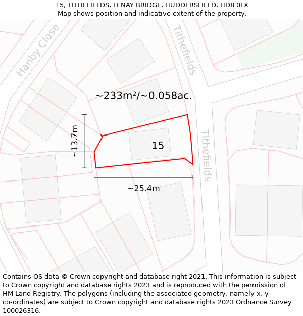 15, TITHEFIELDS, FENAY BRIDGE, HUDDERSFIELD, HD8 0FX: Plot and title map