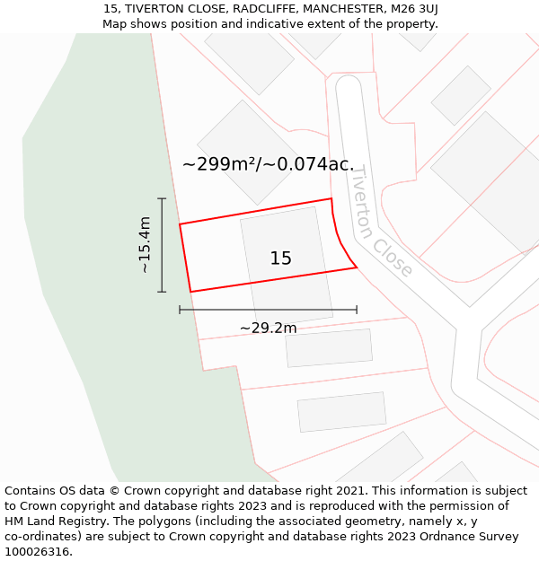 15, TIVERTON CLOSE, RADCLIFFE, MANCHESTER, M26 3UJ: Plot and title map