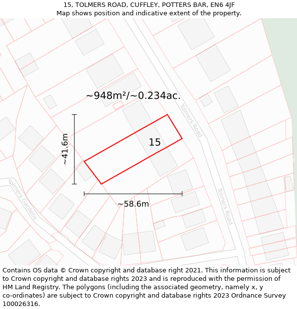 15, TOLMERS ROAD, CUFFLEY, POTTERS BAR, EN6 4JF: Plot and title map