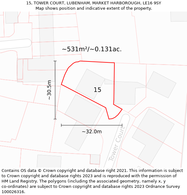 15, TOWER COURT, LUBENHAM, MARKET HARBOROUGH, LE16 9SY: Plot and title map