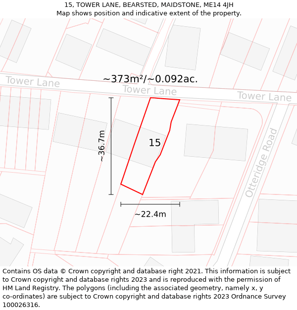 15, TOWER LANE, BEARSTED, MAIDSTONE, ME14 4JH: Plot and title map