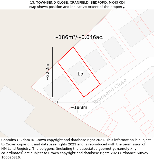 15, TOWNSEND CLOSE, CRANFIELD, BEDFORD, MK43 0DJ: Plot and title map