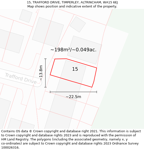 15, TRAFFORD DRIVE, TIMPERLEY, ALTRINCHAM, WA15 6EJ: Plot and title map