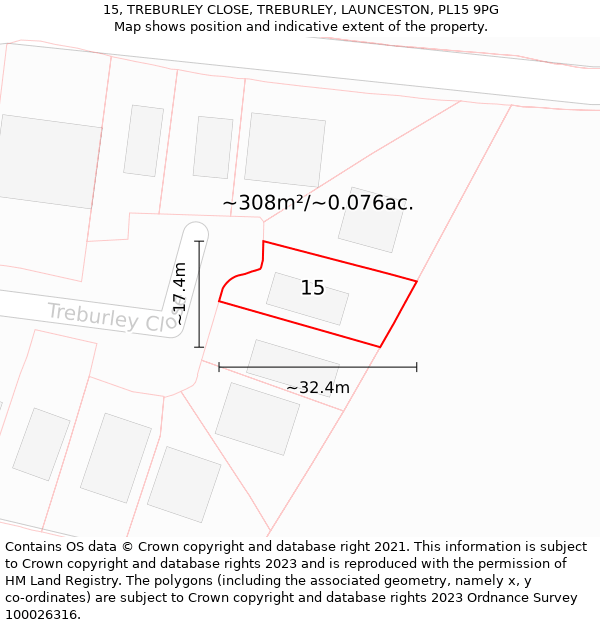 15, TREBURLEY CLOSE, TREBURLEY, LAUNCESTON, PL15 9PG: Plot and title map