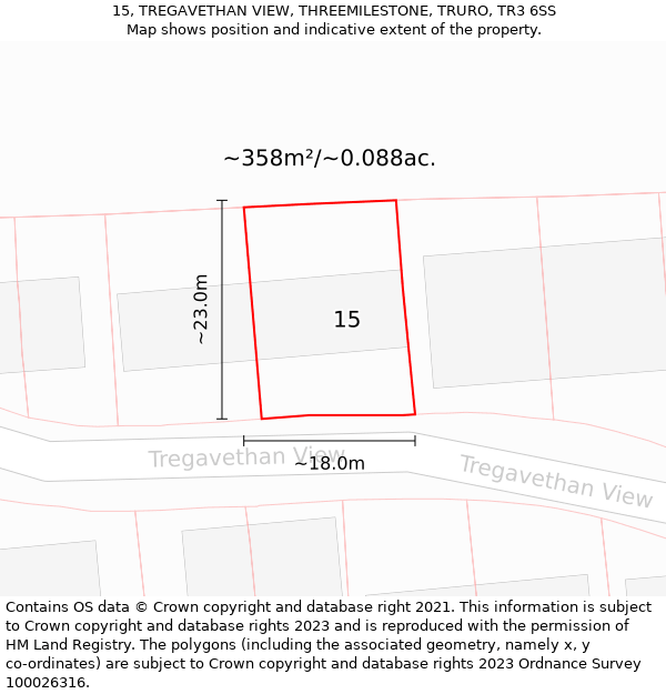 15, TREGAVETHAN VIEW, THREEMILESTONE, TRURO, TR3 6SS: Plot and title map