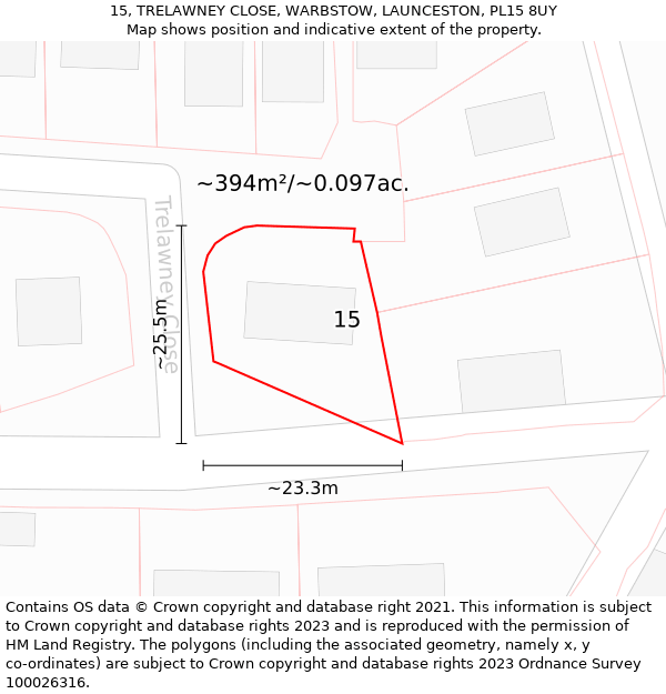 15, TRELAWNEY CLOSE, WARBSTOW, LAUNCESTON, PL15 8UY: Plot and title map