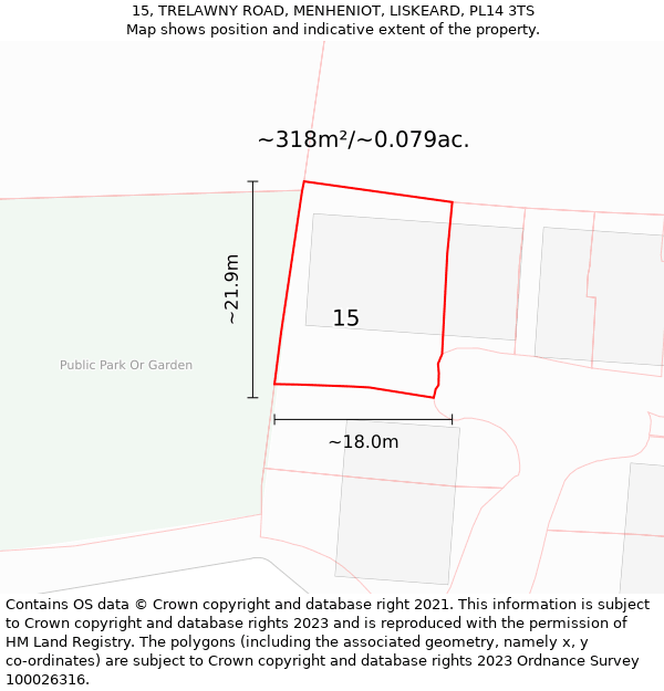 15, TRELAWNY ROAD, MENHENIOT, LISKEARD, PL14 3TS: Plot and title map