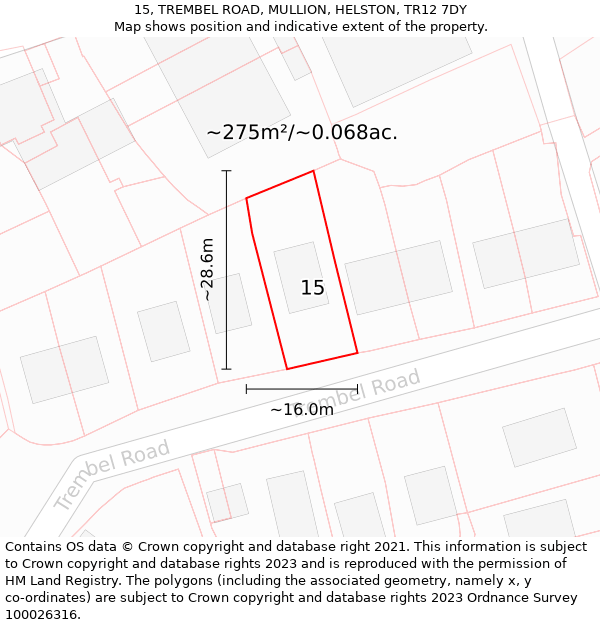 15, TREMBEL ROAD, MULLION, HELSTON, TR12 7DY: Plot and title map