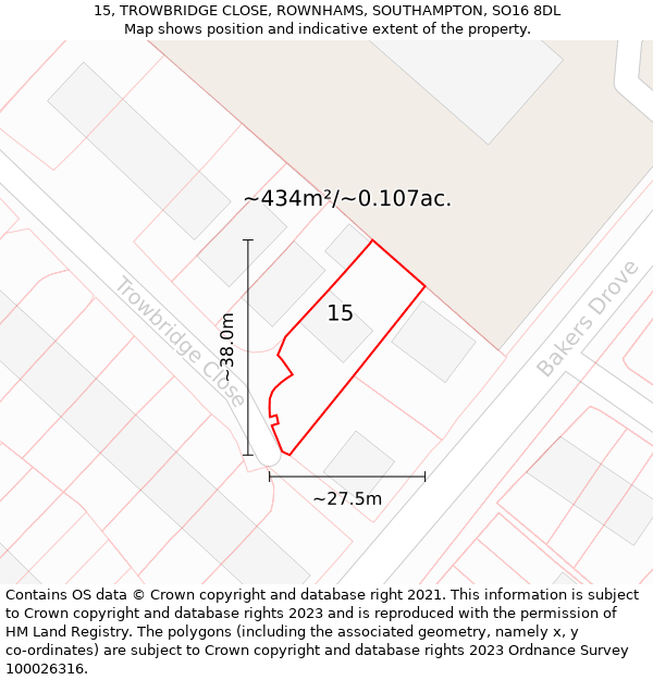 15, TROWBRIDGE CLOSE, ROWNHAMS, SOUTHAMPTON, SO16 8DL: Plot and title map