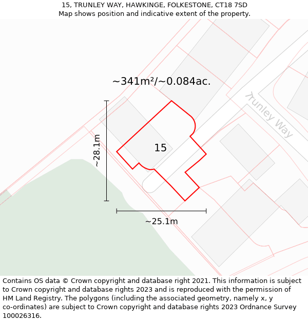 15, TRUNLEY WAY, HAWKINGE, FOLKESTONE, CT18 7SD: Plot and title map