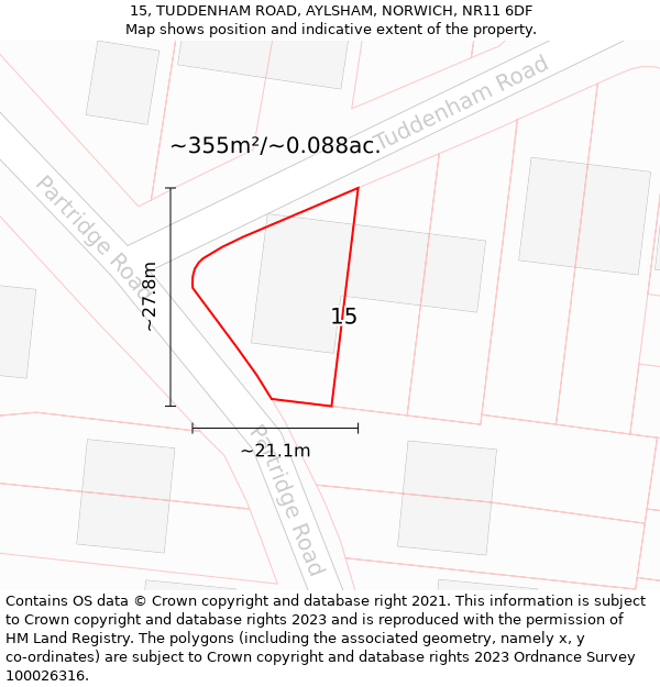 15, TUDDENHAM ROAD, AYLSHAM, NORWICH, NR11 6DF: Plot and title map