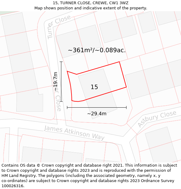 15, TURNER CLOSE, CREWE, CW1 3WZ: Plot and title map