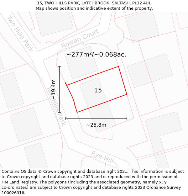 15, TWO HILLS PARK, LATCHBROOK, SALTASH, PL12 4UL: Plot and title map