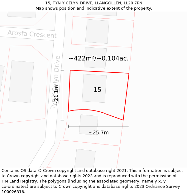 15, TYN Y CELYN DRIVE, LLANGOLLEN, LL20 7PN: Plot and title map