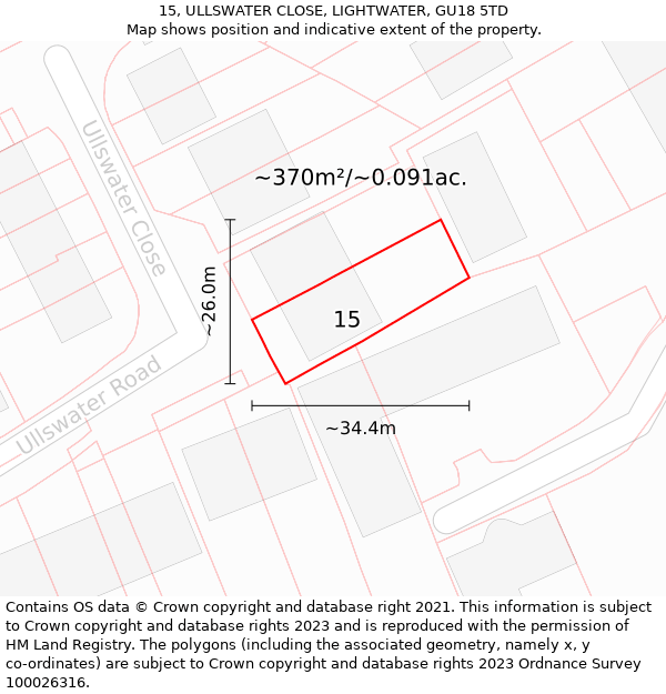 15, ULLSWATER CLOSE, LIGHTWATER, GU18 5TD: Plot and title map