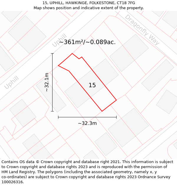 15, UPHILL, HAWKINGE, FOLKESTONE, CT18 7FG: Plot and title map