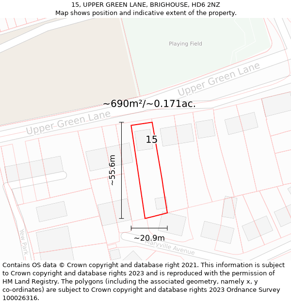 15, UPPER GREEN LANE, BRIGHOUSE, HD6 2NZ: Plot and title map