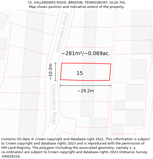 15, VALLENDERS ROAD, BREDON, TEWKESBURY, GL20 7HL: Plot and title map