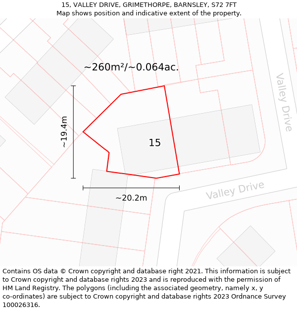 15, VALLEY DRIVE, GRIMETHORPE, BARNSLEY, S72 7FT: Plot and title map